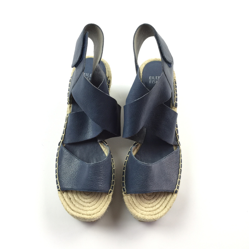 Eileen Fisher Navy Blue Leather Espadrille Wedge Sandals - Picture 3 of 8